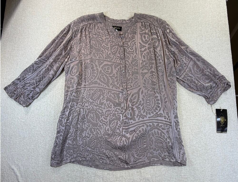 Biya Women Tan Large NWT Brett Silk Burnout Sheer 1/2 Button Blouse Top Boho